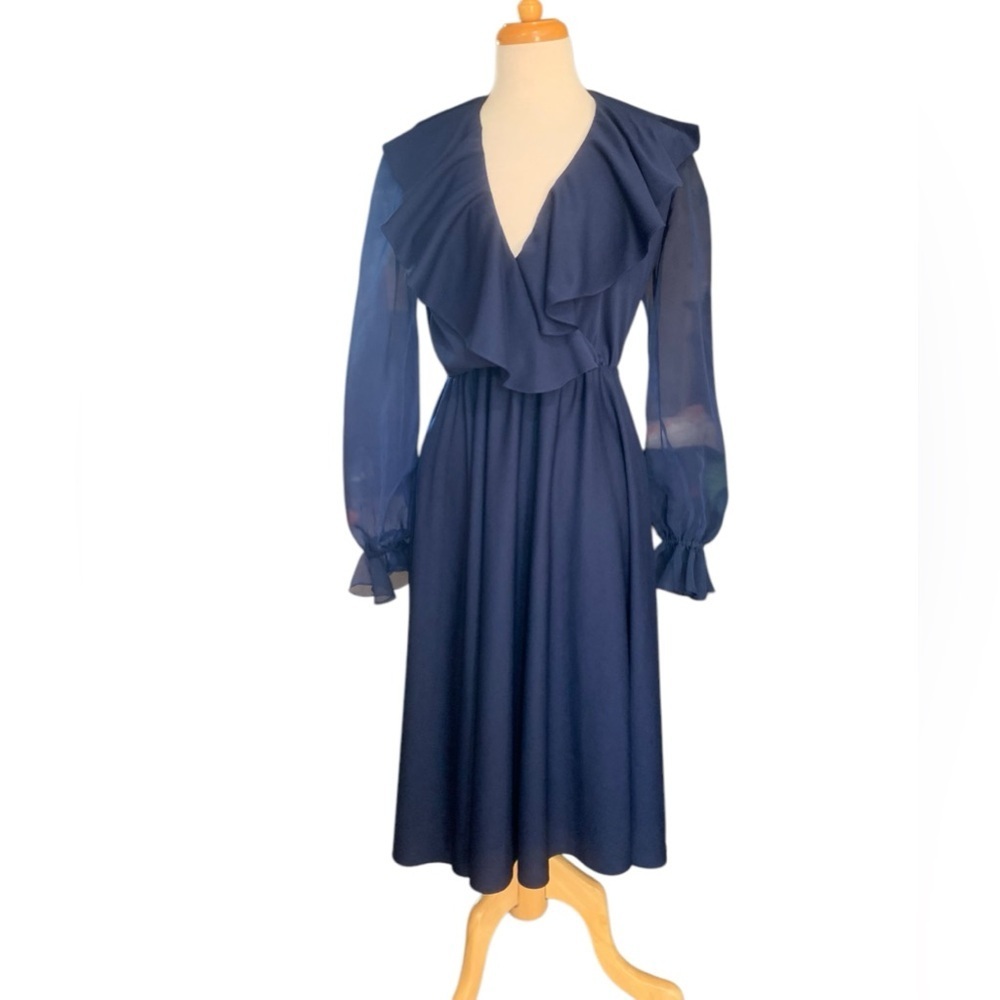 Vintage 70’s navy blue ruffle v neck dress with sheer long sleeves size m